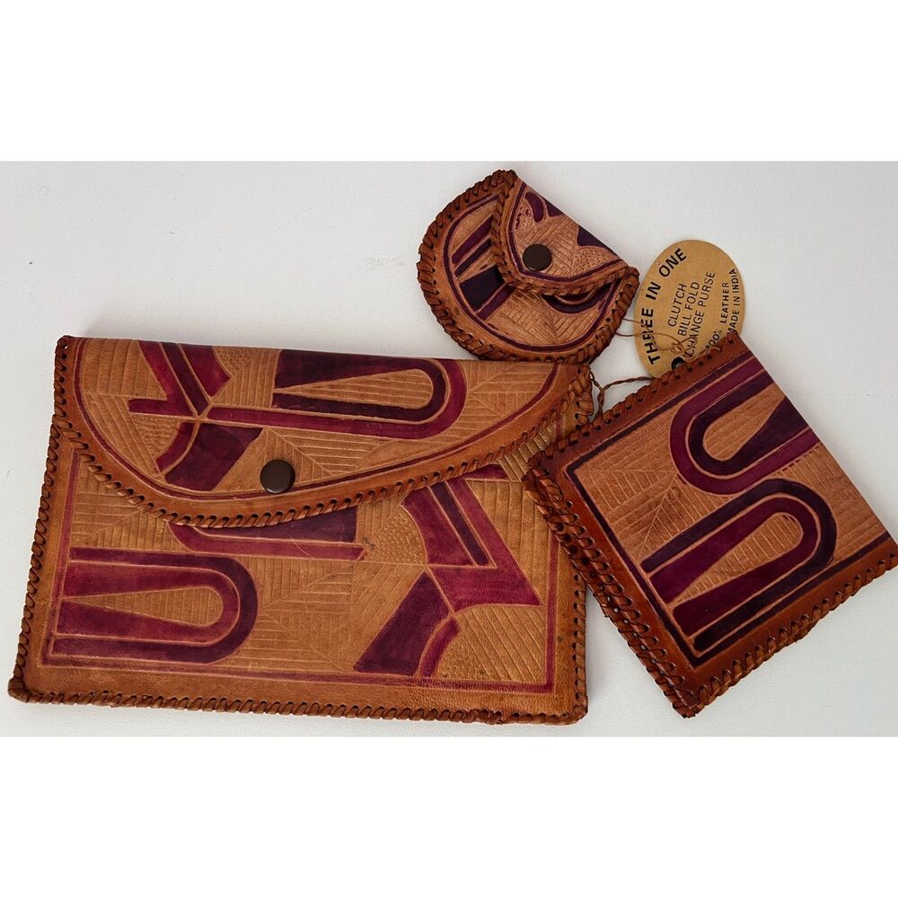 NWT Made in India Three-In-One Leather Clutch, Billfold and Change Purse